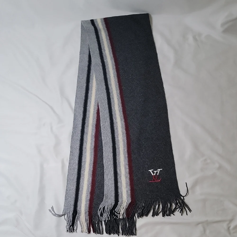 Louis Vuitton Dark Gray Striped Men's Scarf with Burgundy & Cream Accents